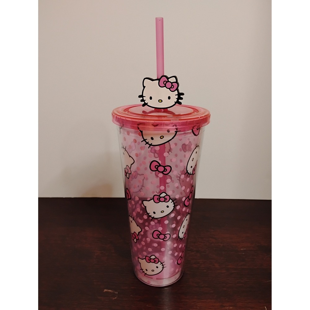 Sanrio Hello Kitty Pink Polka Dot Double Wall Tumbler with Straw Topper 24oz